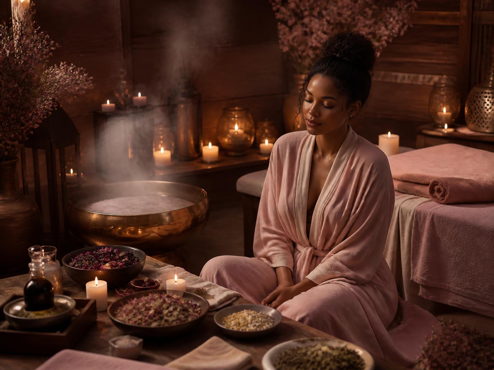 A woman resting in a candlelit yoni steam sanctuary surrounded by herbs and warm light