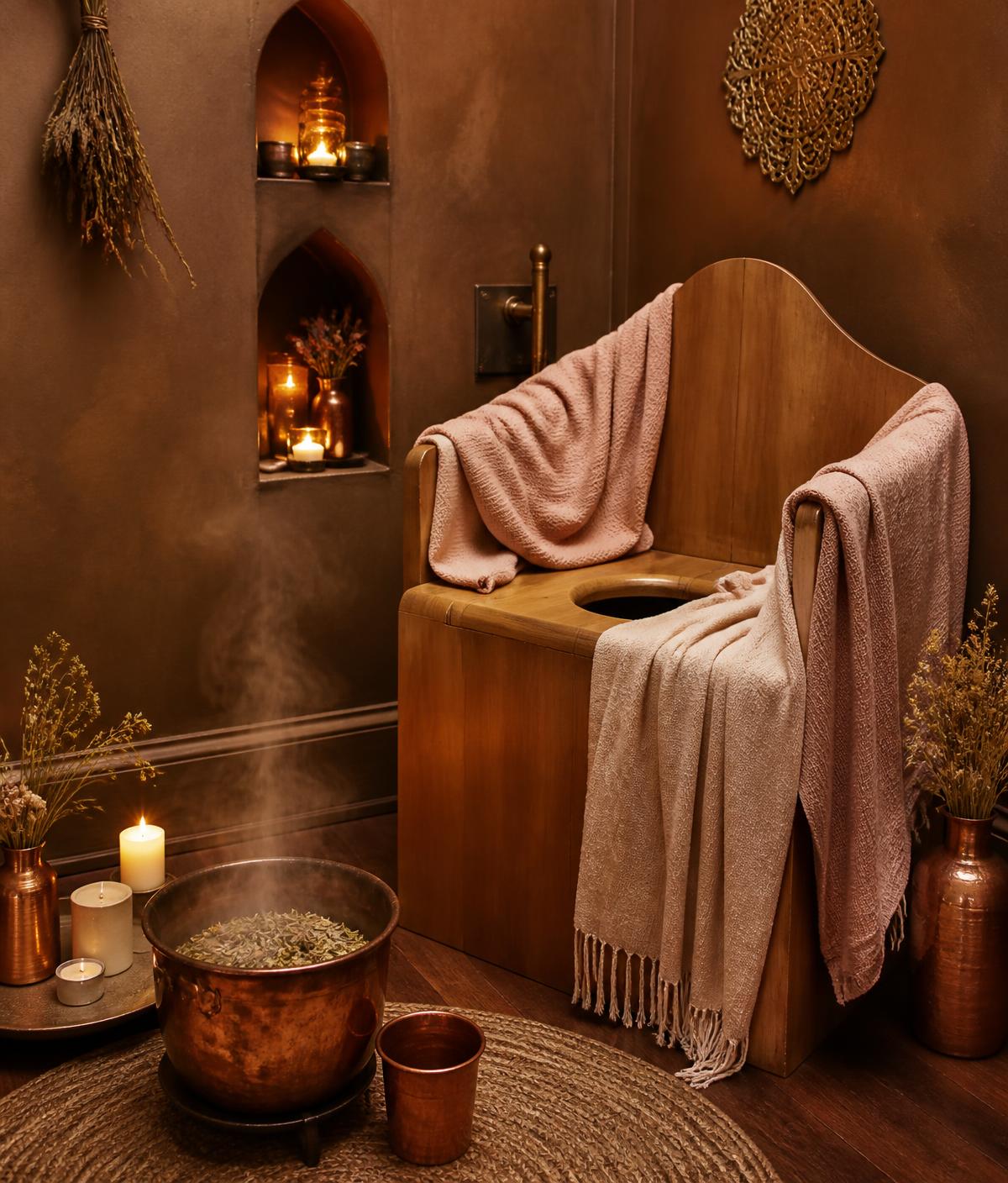 Wooden yoni steam seat draped in pink linens beside a copper pot of steaming herbs