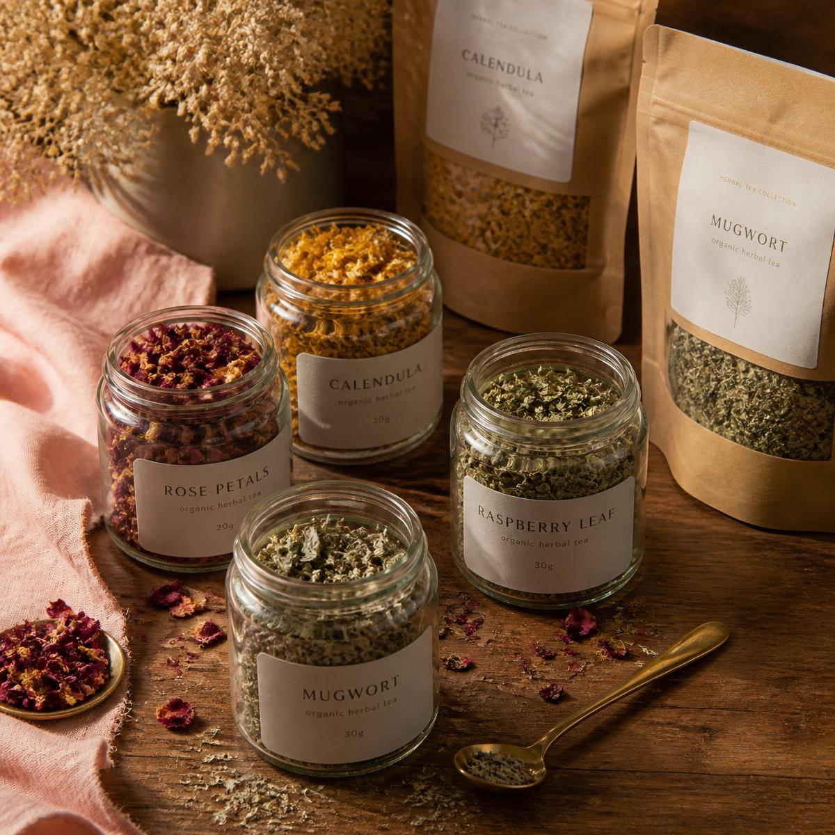 Jars and pouches of loose herbal tea blends with dried rose petals on warm wood